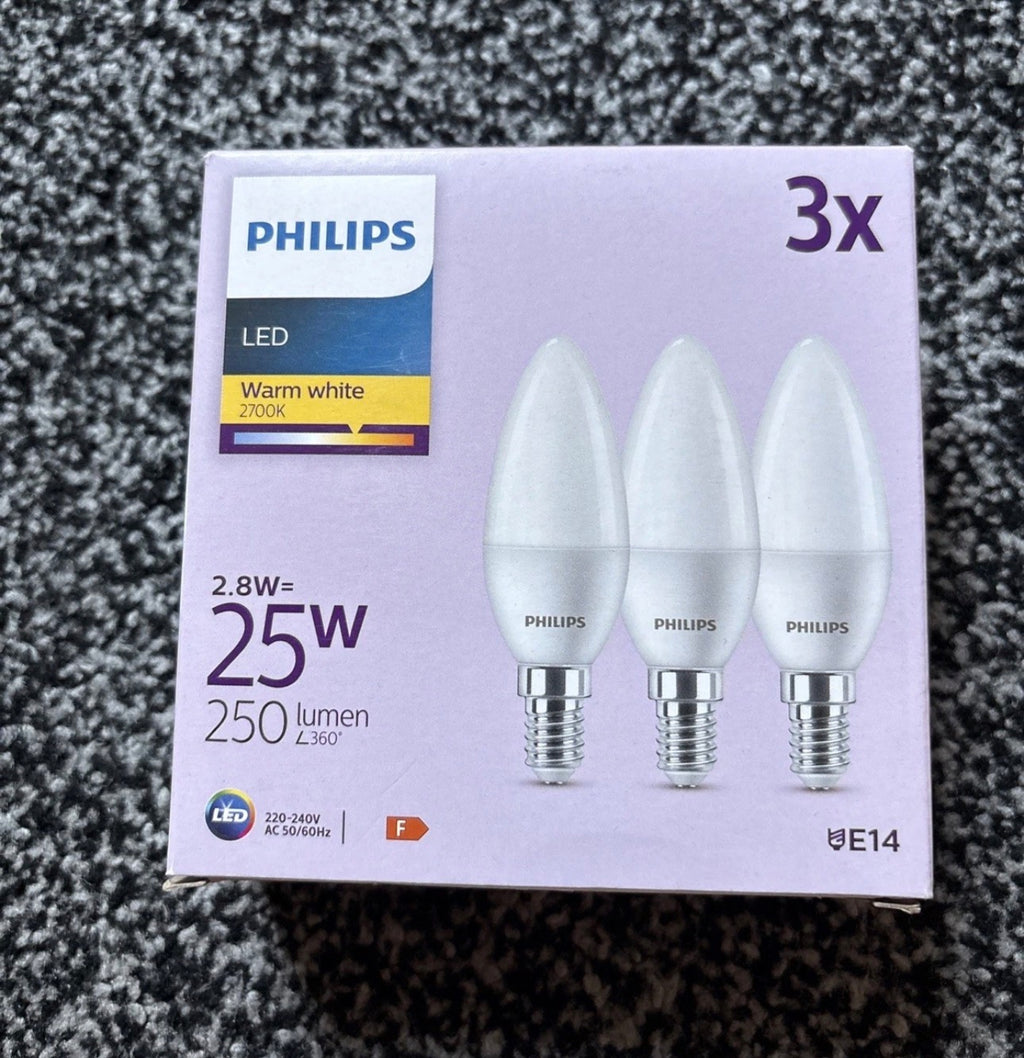 Philips LED Frosted B35 Candle Light Bulb 3 Pack - Warm White 2700K - E14 Small