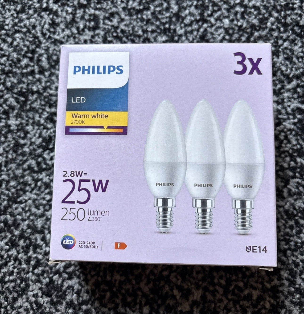 Philips LED Frosted B35 Candle Light Bulb 3 Pack - Warm White 2700K - E14 Small