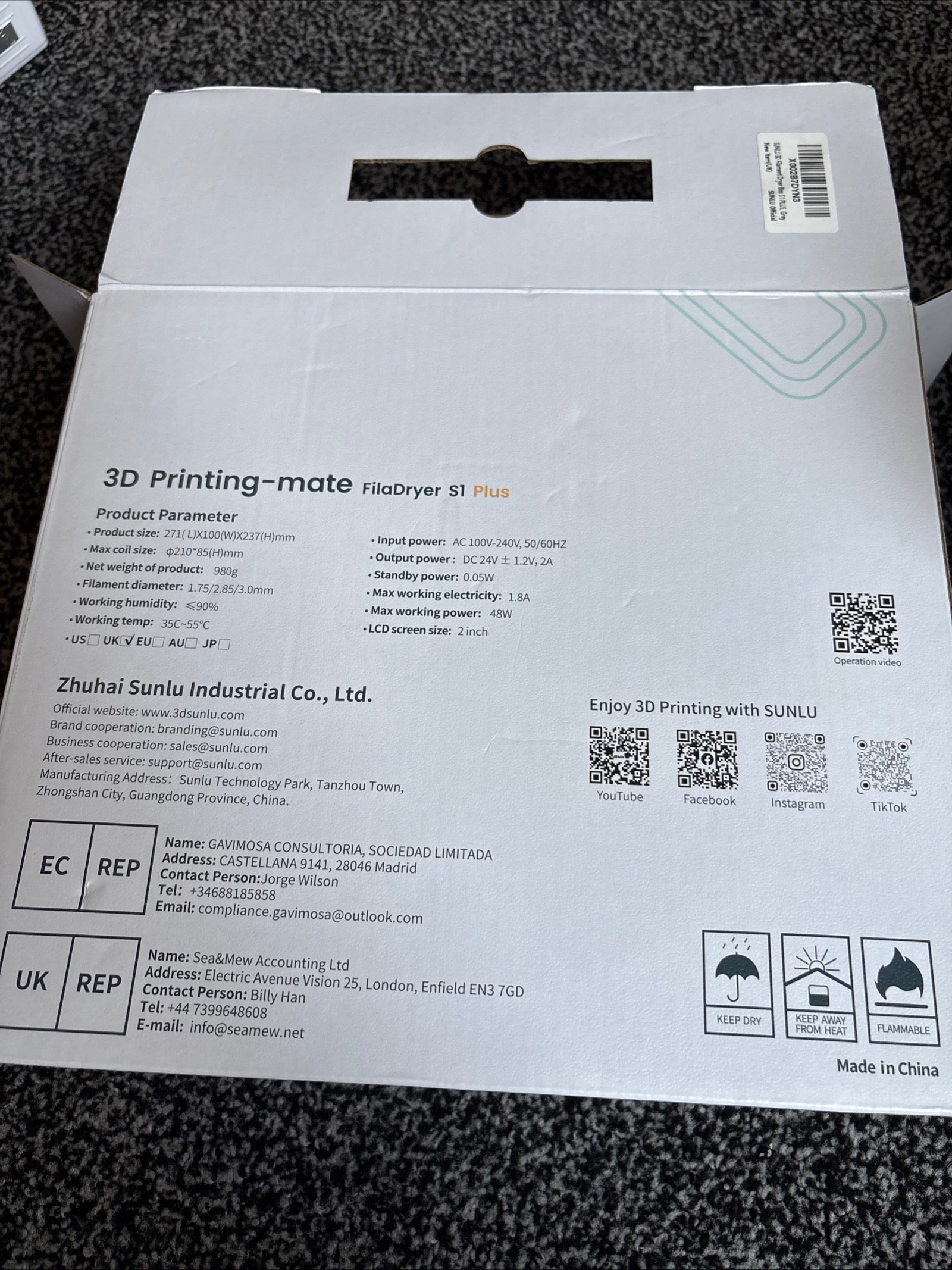 SUNLU FilaDryer S1 Plus 3D Printing Filament Dryer with Uk Plug