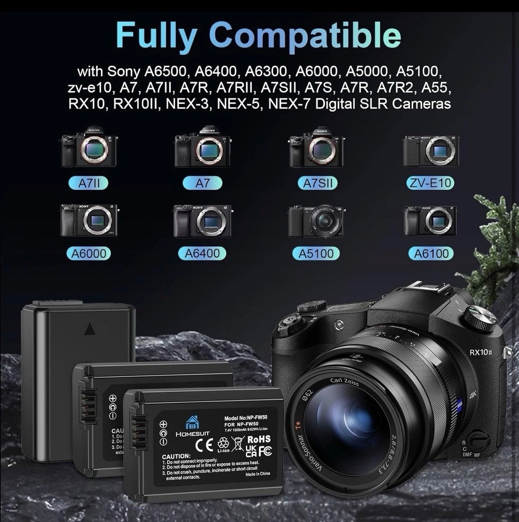 Homesuit NP-FW50 Battery and Triple Micro USB Charger for Sony A6000 See Photo
