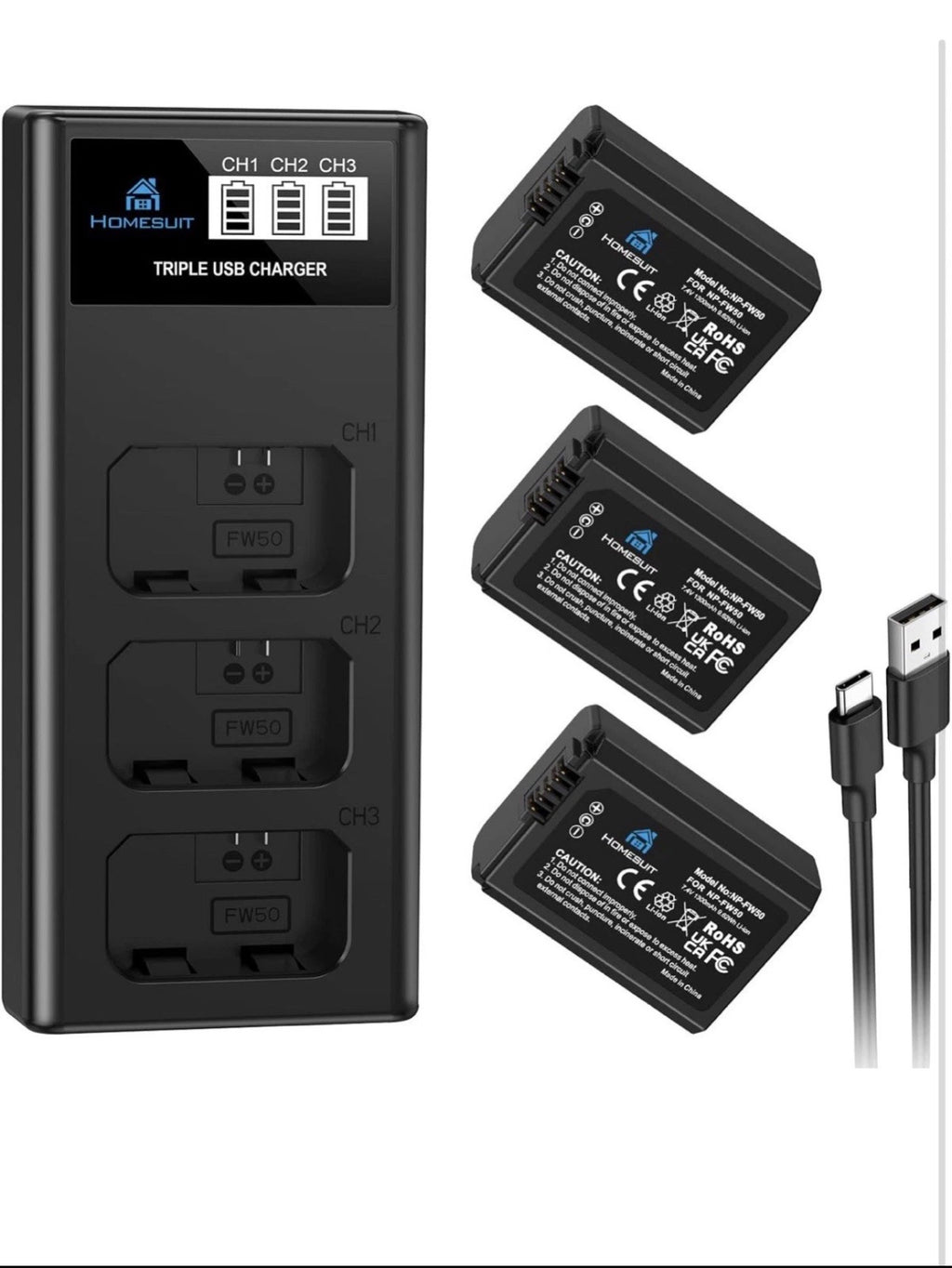 Homesuit NP-FW50 Battery and Triple Micro USB Charger for Sony A6000 See Photo