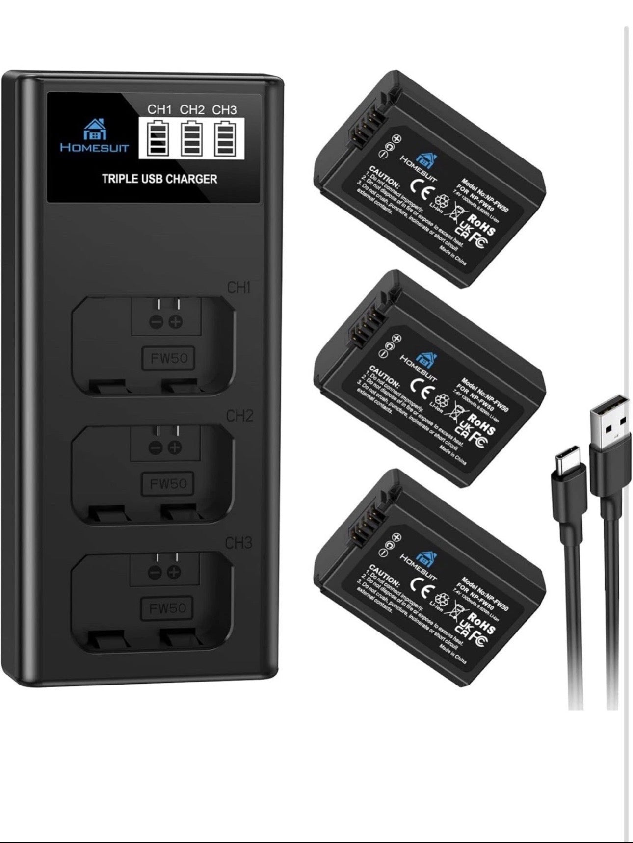 Homesuit NP-FW50 Battery and Triple Micro USB Charger for Sony A6000 See Photo